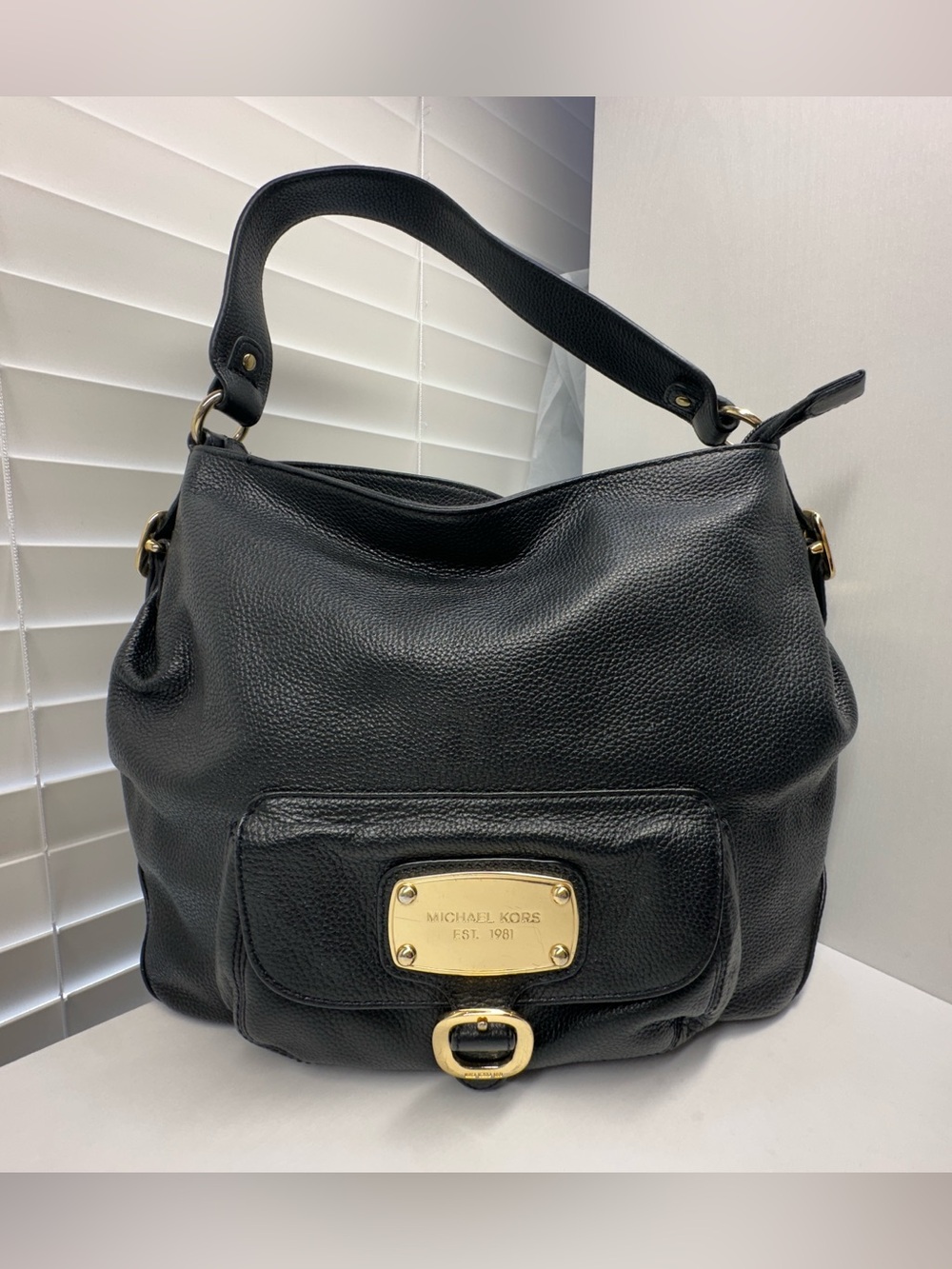 Michael Kors Black Pebbled Leather Hobo Shoulder Bag with Gold Hardware